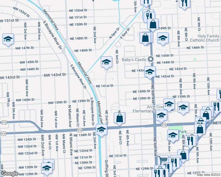 map of restaurants, bars, coffee shops, grocery stores, and more near 241 Northeast 141st Street in Miami