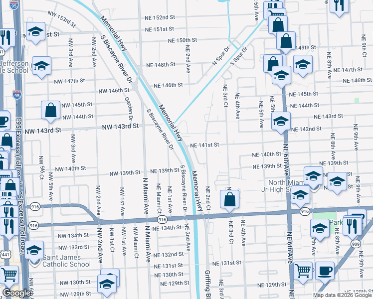 map of restaurants, bars, coffee shops, grocery stores, and more near 160 Northeast 142nd Street in Miami