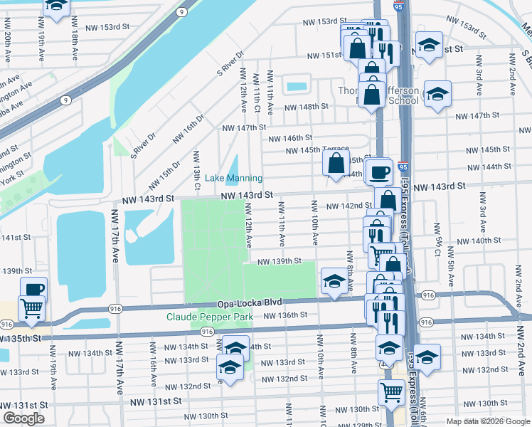 map of restaurants, bars, coffee shops, grocery stores, and more near 1130 Northwest 143rd Street in Miami