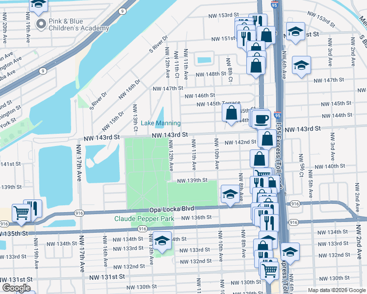 map of restaurants, bars, coffee shops, grocery stores, and more near 1130 Northwest 143rd Street in Miami