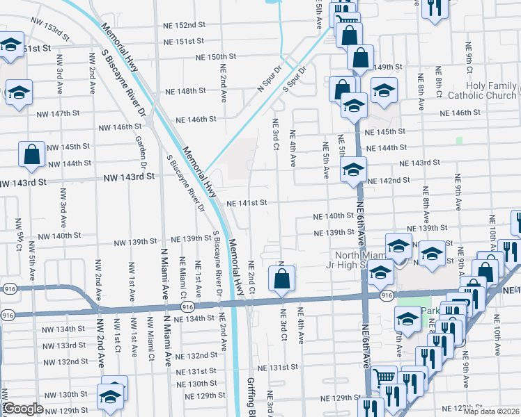 map of restaurants, bars, coffee shops, grocery stores, and more near 241 Northeast 141st Street in Miami