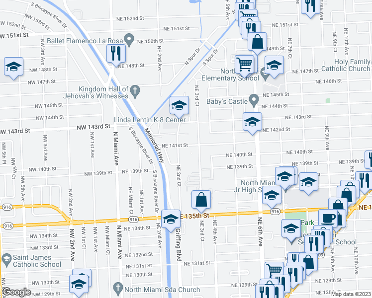 map of restaurants, bars, coffee shops, grocery stores, and more near 241 Northeast 141st Street in Miami