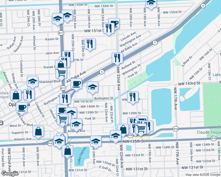 map of restaurants, bars, coffee shops, grocery stores, and more near 14285 Northwest 22nd Place in Opa-locka