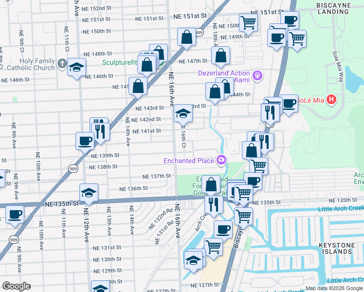 map of restaurants, bars, coffee shops, grocery stores, and more near 14027 Northeast 16th Avenue in North Miami