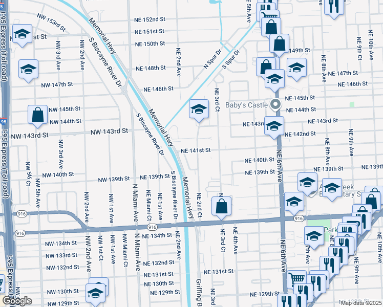 map of restaurants, bars, coffee shops, grocery stores, and more near 209 Northeast 141st Street in Miami