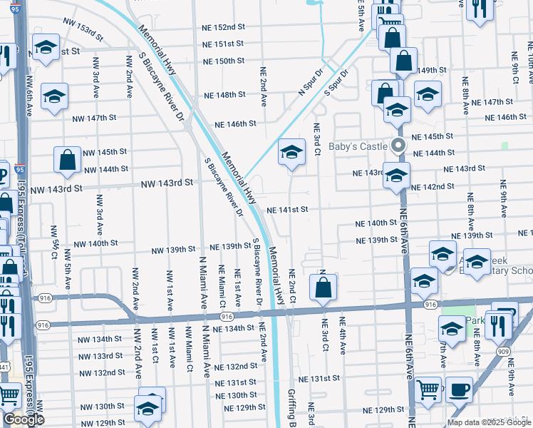 map of restaurants, bars, coffee shops, grocery stores, and more near 160 Northeast 142nd Street in Miami
