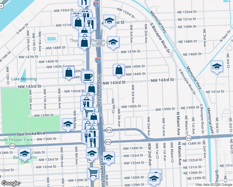 map of restaurants, bars, coffee shops, grocery stores, and more near 14155 Northwest 5th Court in North Miami
