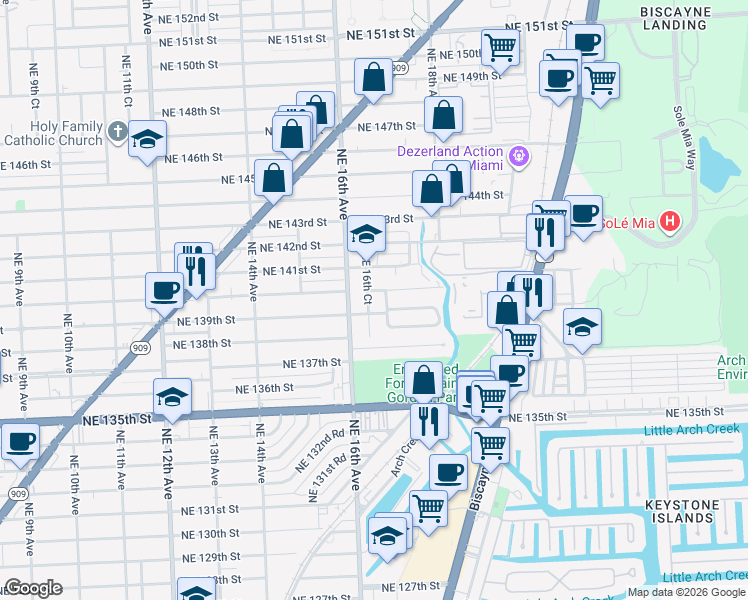 map of restaurants, bars, coffee shops, grocery stores, and more near 13925 Northeast 16th Court in North Miami