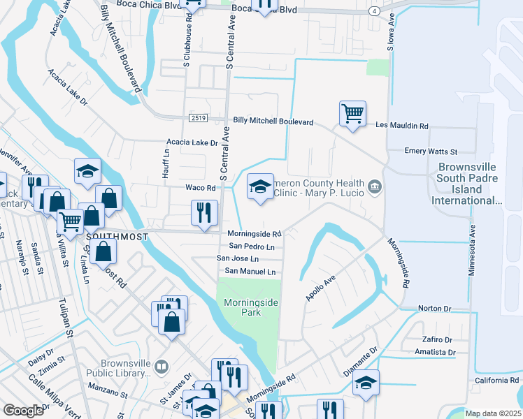 map of restaurants, bars, coffee shops, grocery stores, and more near 1025 Morningside Road in Brownsville