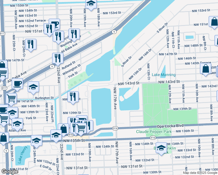 map of restaurants, bars, coffee shops, grocery stores, and more near 1734 Northwest 142nd Lane in Opa-locka