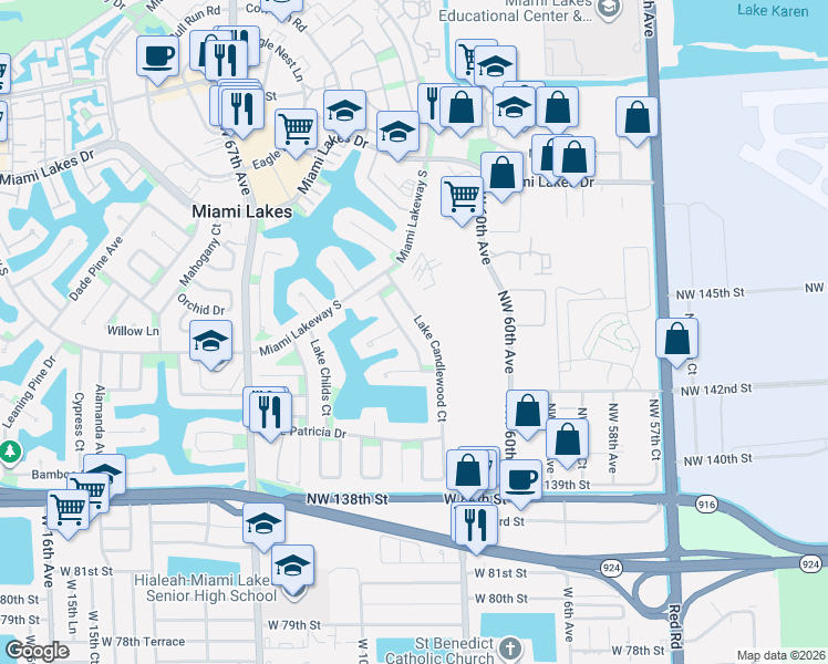 map of restaurants, bars, coffee shops, grocery stores, and more near 14401 Lake Crescent Place in Miami Lakes