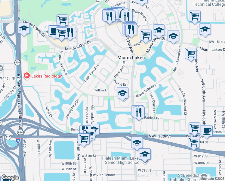 map of restaurants, bars, coffee shops, grocery stores, and more near 14415 Mahogany Court in Miami Lakes