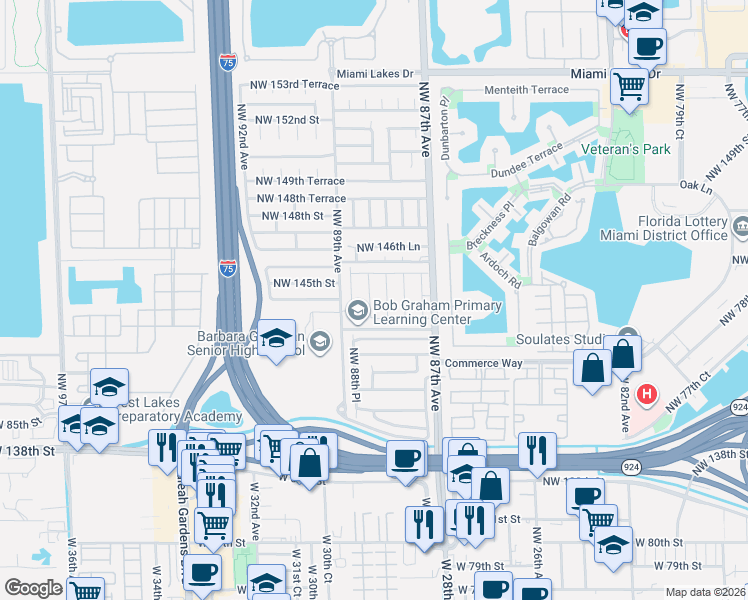 map of restaurants, bars, coffee shops, grocery stores, and more near 14466 Northwest 88th Avenue in Hialeah