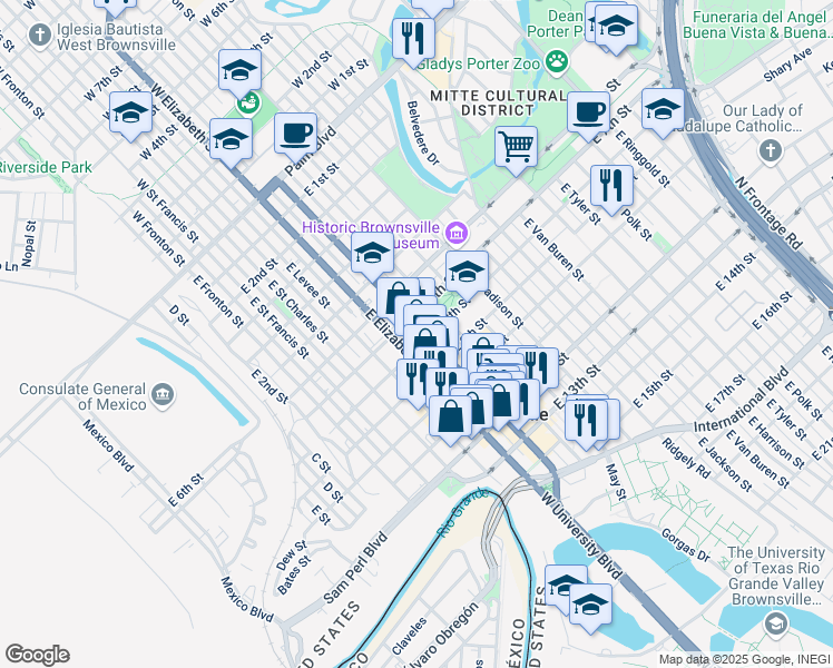 map of restaurants, bars, coffee shops, grocery stores, and more near 642 East Washington Street in Brownsville