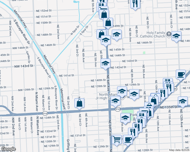 map of restaurants, bars, coffee shops, grocery stores, and more near 457 Northeast 141st Street in North Miami