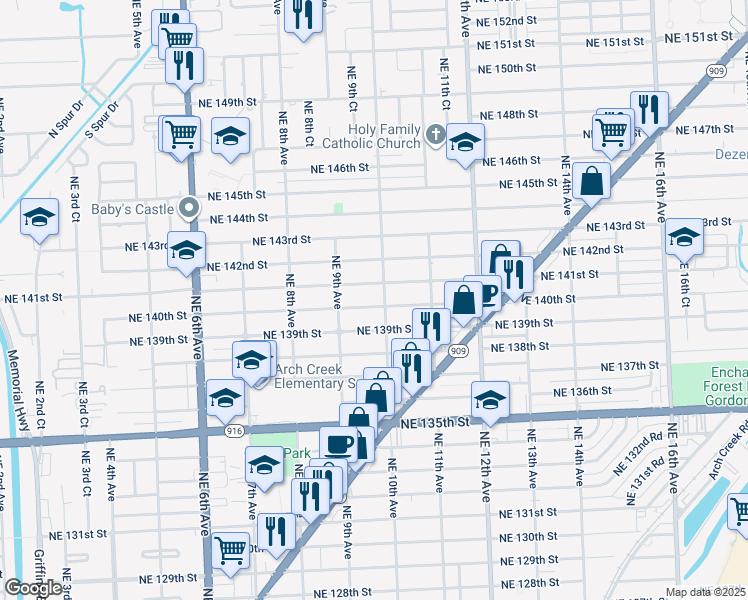 map of restaurants, bars, coffee shops, grocery stores, and more near 960 Northeast 141st Street in North Miami