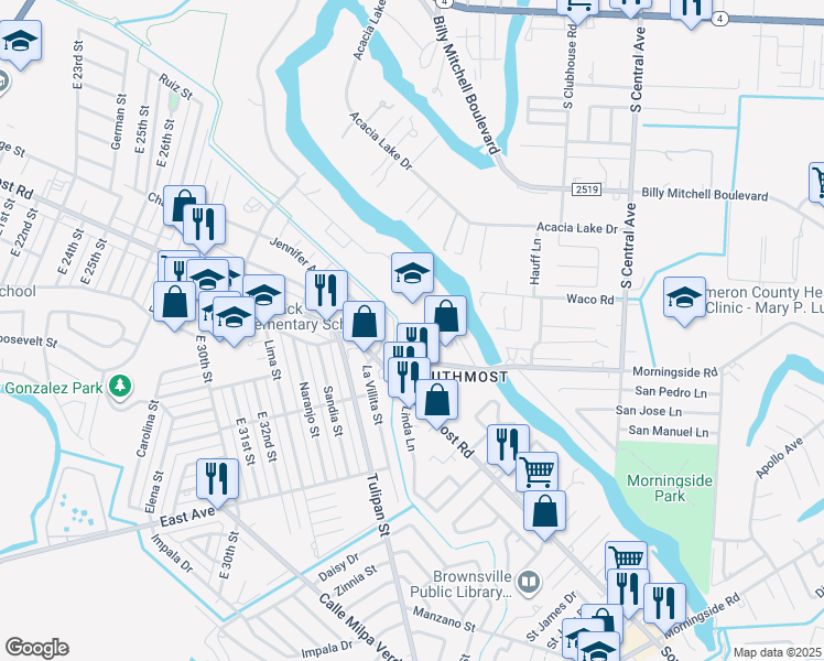 map of restaurants, bars, coffee shops, grocery stores, and more near 105 Morningside Road in Brownsville