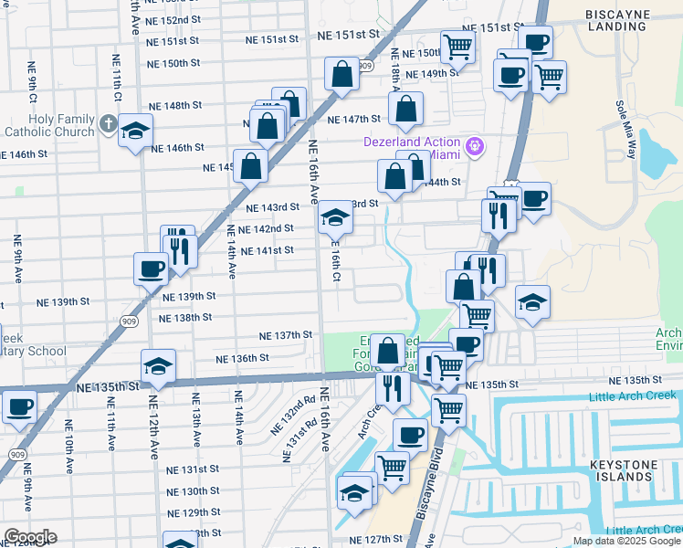 map of restaurants, bars, coffee shops, grocery stores, and more near 14027 Northeast 16th Avenue in North Miami