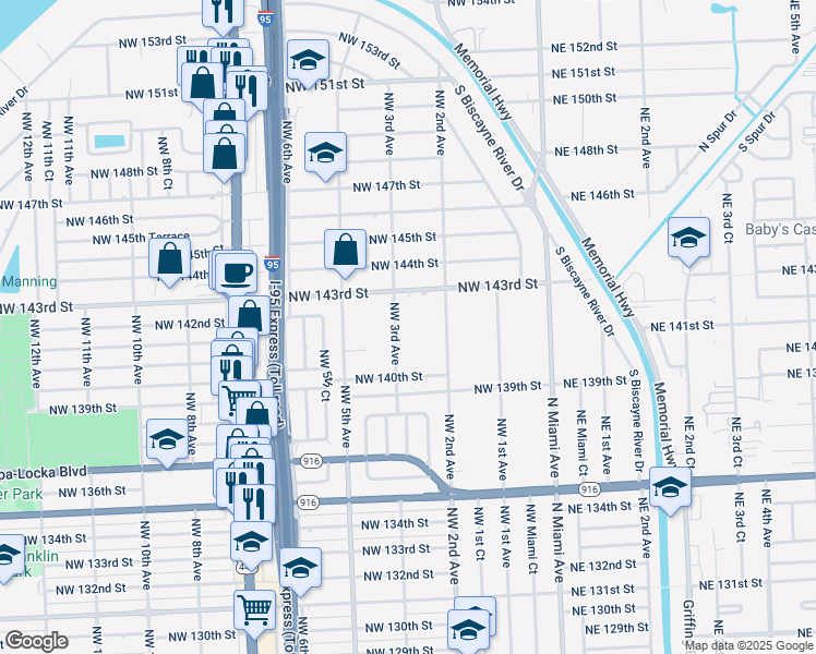 map of restaurants, bars, coffee shops, grocery stores, and more near 14201 Northwest 3rd Avenue in Miami
