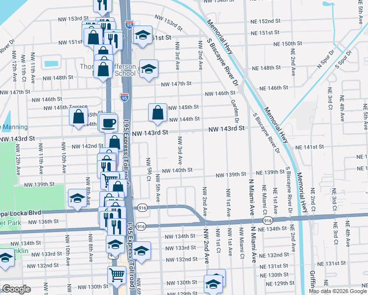 map of restaurants, bars, coffee shops, grocery stores, and more near 14201 Northwest 3rd Avenue in Miami
