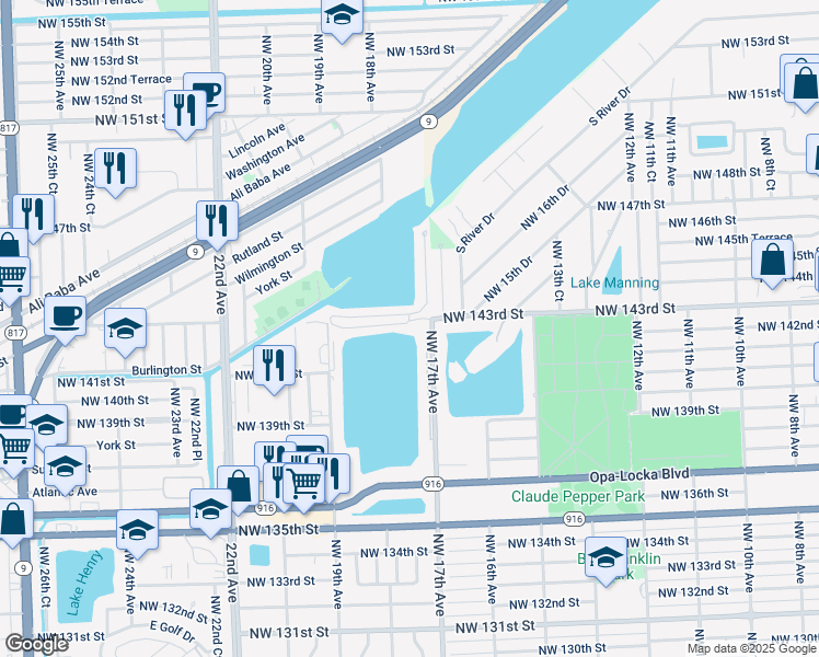 map of restaurants, bars, coffee shops, grocery stores, and more near 1734 Northwest 142nd Lane in Opa-locka