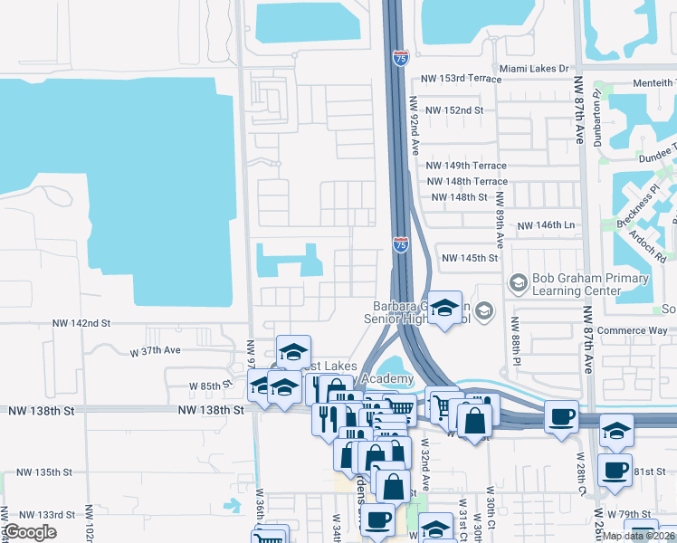 map of restaurants, bars, coffee shops, grocery stores, and more near 3375 West 90th Terrace in Hialeah