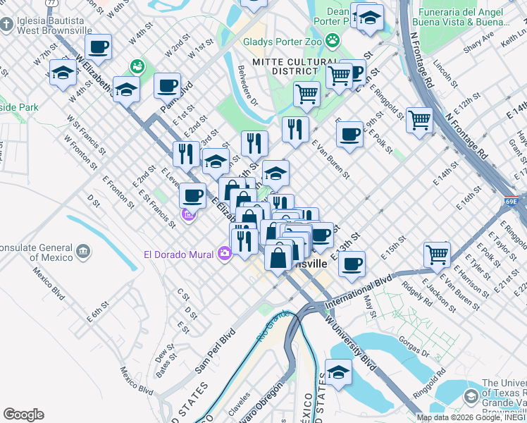 map of restaurants, bars, coffee shops, grocery stores, and more near 605 East 8th Street in Brownsville