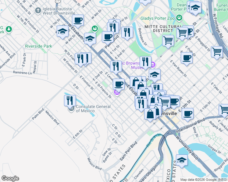 map of restaurants, bars, coffee shops, grocery stores, and more near 301 East 5th Street in Brownsville