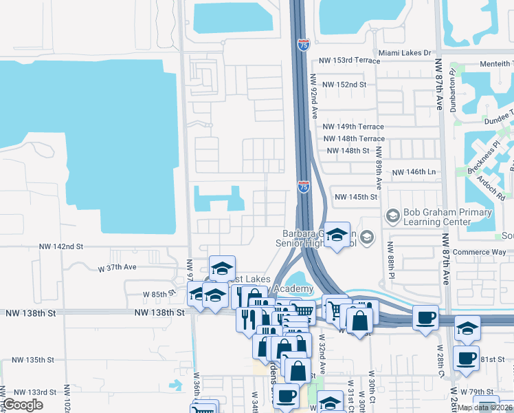 map of restaurants, bars, coffee shops, grocery stores, and more near 3375 West 90th Terrace in Hialeah