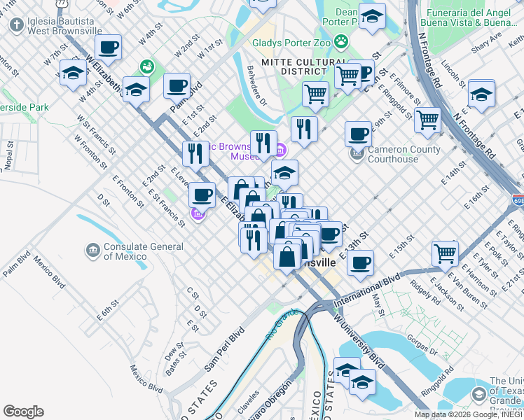 map of restaurants, bars, coffee shops, grocery stores, and more near 605 East 8th Street in Brownsville
