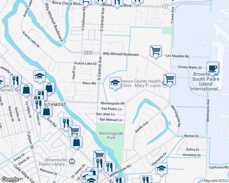 map of restaurants, bars, coffee shops, grocery stores, and more near 1025 Morningside Road in Brownsville