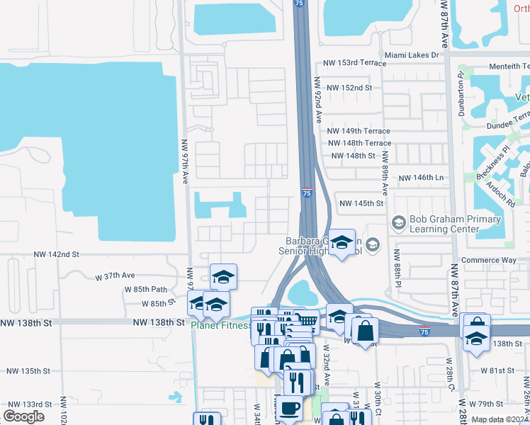 map of restaurants, bars, coffee shops, grocery stores, and more near 3366 West 90th Terrace in Hialeah