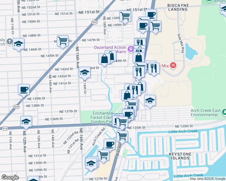 map of restaurants, bars, coffee shops, grocery stores, and more near 14020 Biscayne Blvd in North Miami