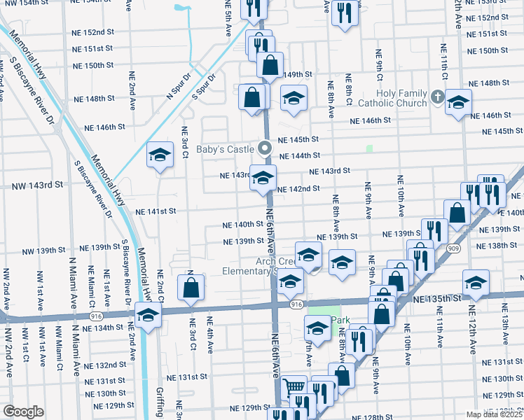 map of restaurants, bars, coffee shops, grocery stores, and more near 14125 Florida 915 in North Miami