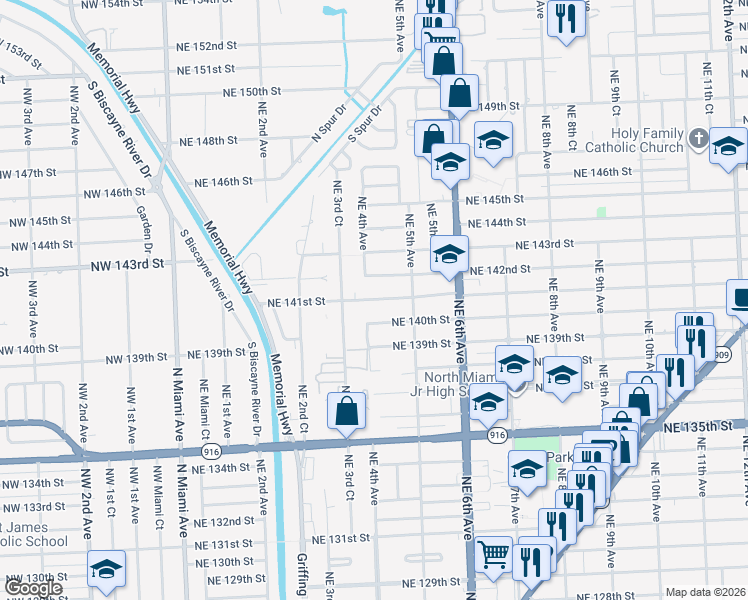 map of restaurants, bars, coffee shops, grocery stores, and more near 351 Northeast 141st Street in Miami