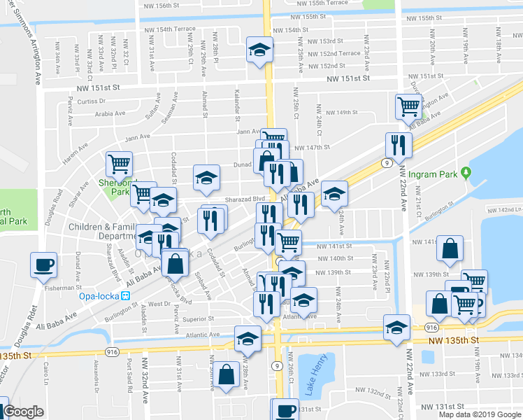 map of restaurants, bars, coffee shops, grocery stores, and more near 14380 Florida 817 in Opa-locka