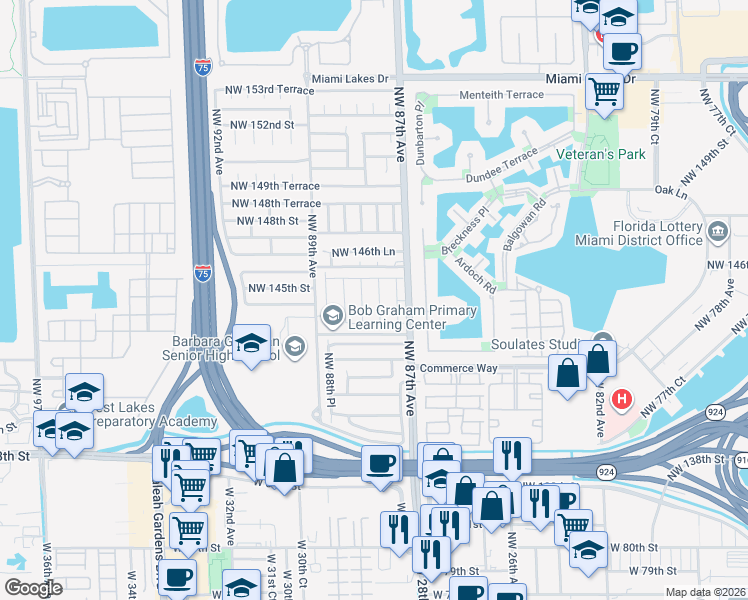 map of restaurants, bars, coffee shops, grocery stores, and more near 14462 Northwest 87th Court in Hialeah