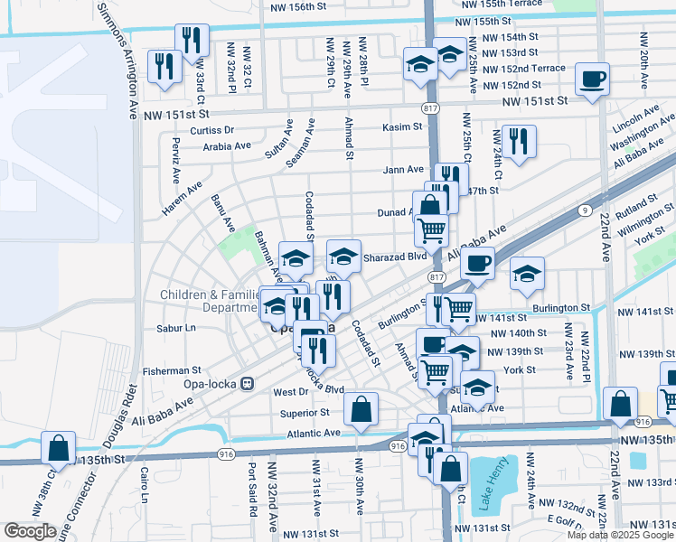map of restaurants, bars, coffee shops, grocery stores, and more near 1130 Sharazad Boulevard in Opa-locka