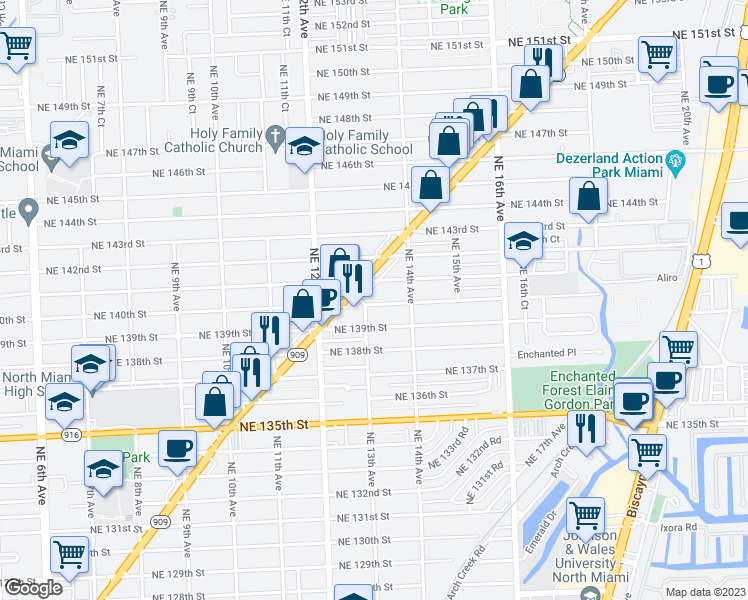 map of restaurants, bars, coffee shops, grocery stores, and more near 1325 Northeast 140th Street in North Miami