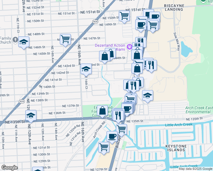 map of restaurants, bars, coffee shops, grocery stores, and more near 1820 Northeast 140th Street in North Miami