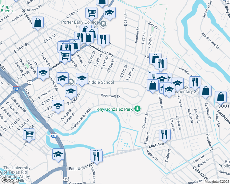 map of restaurants, bars, coffee shops, grocery stores, and more near 707 Truman Drive in Brownsville