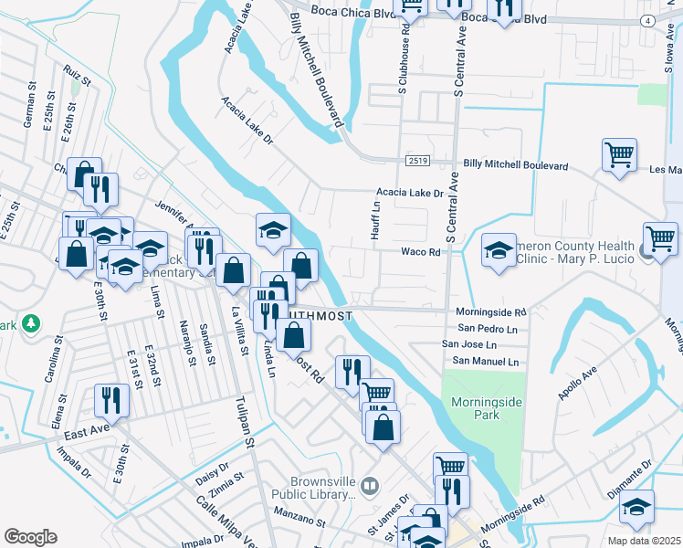 map of restaurants, bars, coffee shops, grocery stores, and more near 4382 Waco Road in Brownsville