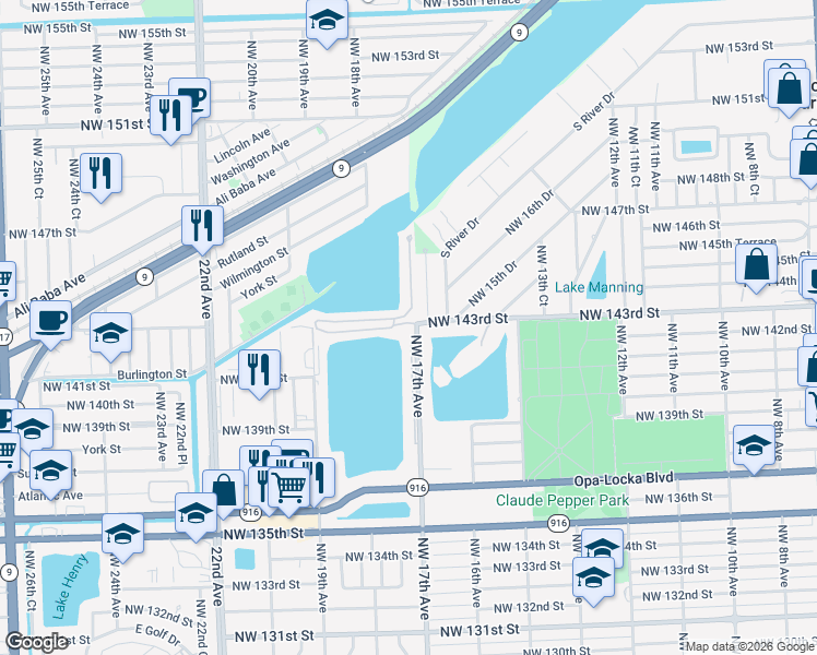 map of restaurants, bars, coffee shops, grocery stores, and more near 14300 Northwest 16th Court in Miami