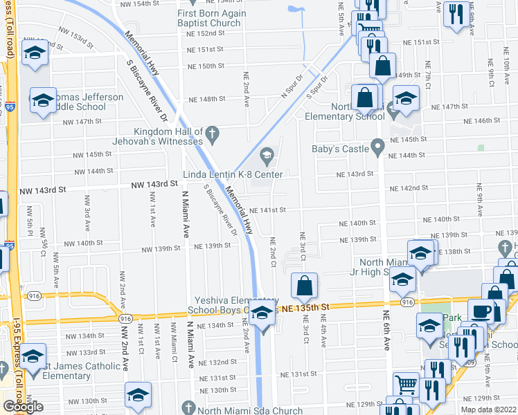 map of restaurants, bars, coffee shops, grocery stores, and more near 209 Northeast 141st Street in Miami