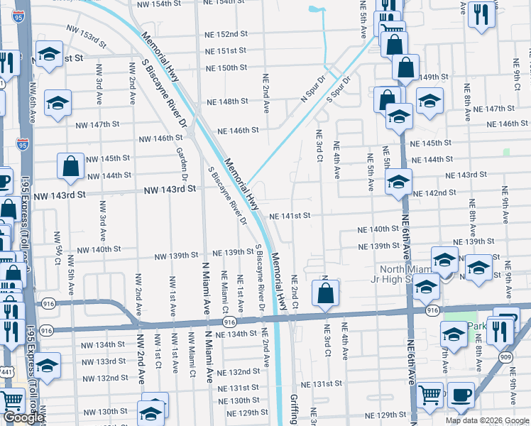 map of restaurants, bars, coffee shops, grocery stores, and more near 160 Northeast 142nd Street in Miami