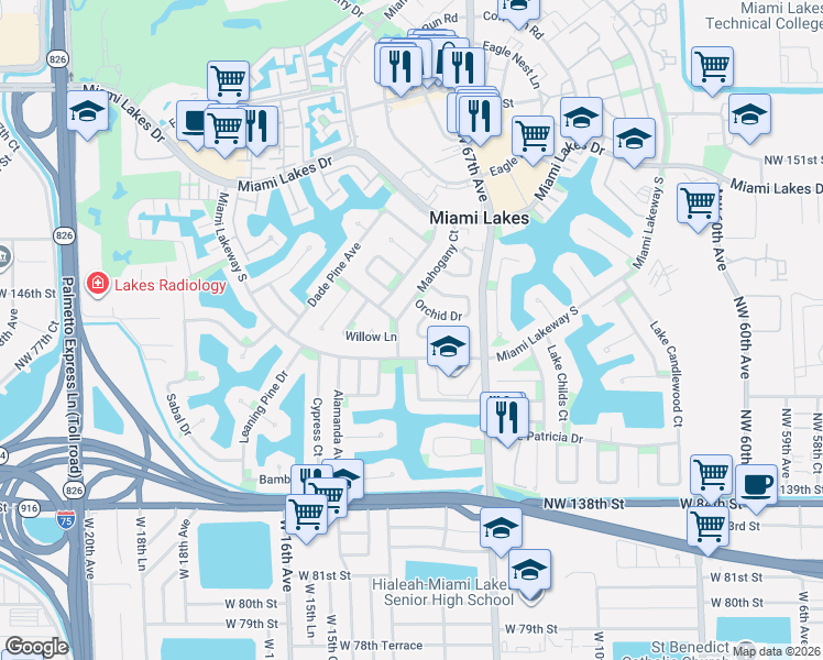 map of restaurants, bars, coffee shops, grocery stores, and more near 14415 Mahogany Court in Miami Lakes