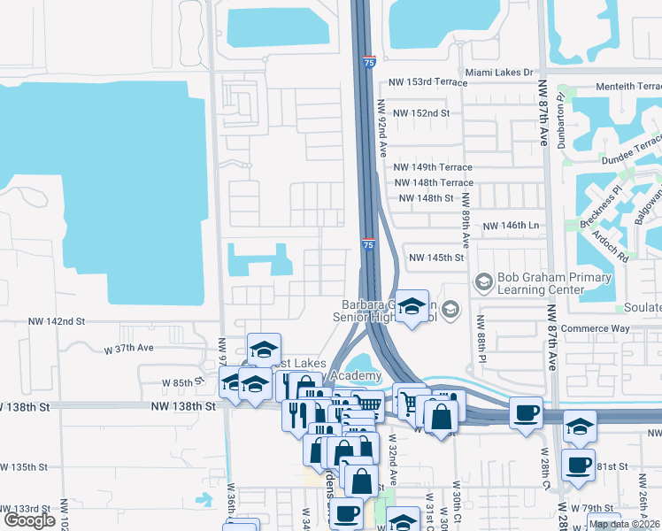map of restaurants, bars, coffee shops, grocery stores, and more near 3314 West 90th Terrace in Hialeah