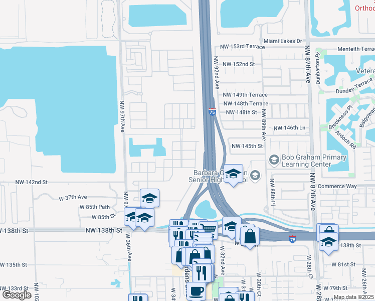 map of restaurants, bars, coffee shops, grocery stores, and more near 3375 West 90th Terrace in Hialeah
