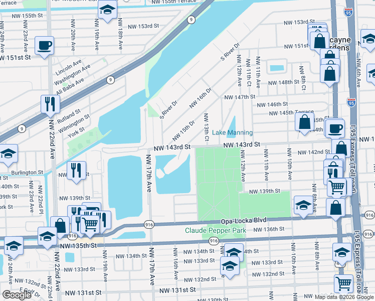 map of restaurants, bars, coffee shops, grocery stores, and more near 1420 Northwest 143rd Street in Miami