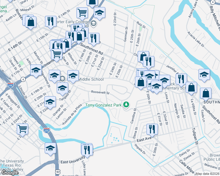 map of restaurants, bars, coffee shops, grocery stores, and more near 707 Truman Drive in Brownsville